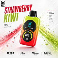 Vape Bang Box Strawberry Kiwi con coloridos gráficos de frutas y especificaciones del producto sobre un fondo blanco
