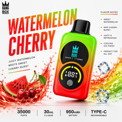 Bang Box Watermelon Cherry Vape con toques de jugo coloridos, sandía y cerezas, y notas de sabor