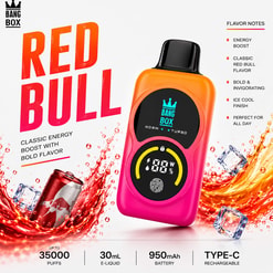Anuncio de Red Bull Bang Box Vape que muestra un dispositivo de color rosa anaranjado, notas de sabor y gráficos de salpicaduras de refresco