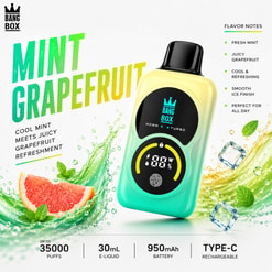 Anuncio del dispositivo Bang Box Mint Grapefruit Vape con gráficos de bienvenida de menta y pomelo, notas de sabor y especificaciones del producto