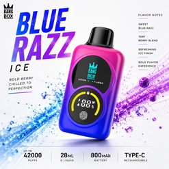 Anuncio del dispositivo Bang Box Blue Razz Ice Vape con gráficos de bienvenida en azul y morado y notas de sabor