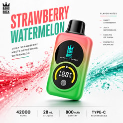 Dispositivo Vape Bang Box Strawberry Watermelon con notas de sabor y estadísticas del producto sobre un fondo publicitario blanco