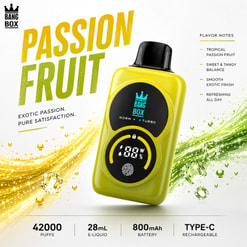 Anuncio de vapeo desechable de maracuyá de Bang Box con notas de sabor, 42 000 inhalaciones, 28 ml, 800 mAh y carga tipo C