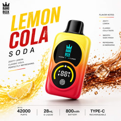 Imagen promocional de un vaporizador de refresco de cola de limón Bang Box con gráficos de salpicaduras de limón y cola y notas de sabor