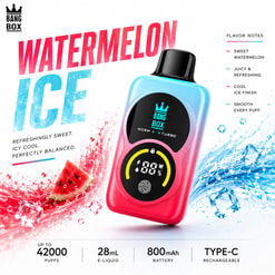 Watermelon Ice Bang Box Vape con cuerpo rosa-azul, pantalla digital y efectos de salpicadura, además de notas de sabor y especificaciones