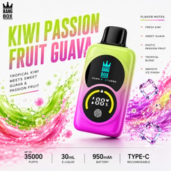 Vape colorido de guayaba y maracuyá con kiwi Bang Box con notas de sabor y especificaciones del producto sobre un fondo llamativo