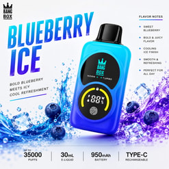 Anuncio de vapeo Blueberry Ice Bang Box con un dispositivo azul violeta, bayas, hielo y notas de sabor enumeradas a la derecha