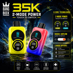 Gráfico promocional para dispositivos de vapeo Bang Box 35K con 2 modos de potencia, doble flujo de aire e íconos de funciones sobre un fondo oscuro de ciencia ficción