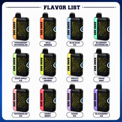 Liste des saveurs montrant 12 appareils Bang Box Vape avec des étiquettes de couleurs différentes et des noms de saveurs sur fond blanc