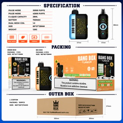 Fiche technique montrant une Bang Box Turbo Vape avec dimensions, caractéristiques et boîtes d'emballage