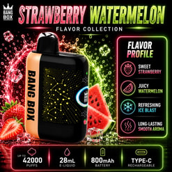 Publicité de vape Neon Bang Box pour la collection d'arômes fraise et pastèque avec icônes de profil d'arôme et statistiques de produit