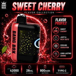 Graphique promotionnel pour Bang Box Sweet Cherry Vape, montrant un appareil en noir et rouge et les détails du profil de saveur