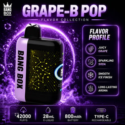 Annonce de vape à saveur de raisin Purple Bang Box avec profil de saveur, 42 000 bouffées, e-liquide de 28 ml, batterie de 800 mAh et chargement USB-C