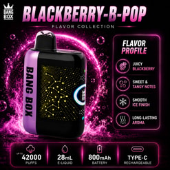 Graphique promotionnel pour une Bang Box Blackberry-B-Pop Vape, montrant le profil de saveur et les spécifications sur un fond rose fluo