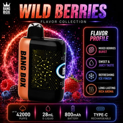 Bang Box Wild Berries Flavour Collection Vape avec profil de saveur et spécifications sur fond de baies néon