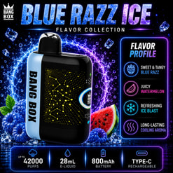 Annonce Blue Bang Box Vape avec un appareil noir, une saveur de glace Blue Razz, des baies, une pastèque et des icônes de fonctionnalité