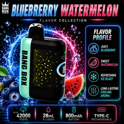 Dispositif promotionnel Bang Box Vape avec graphiques de saveur de myrtille et de pastèque, montrant le profil et les spécifications de saveur