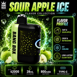Annonce Bang Box Sour Apple Ice Vape avec appareil, pommes vertes, profil de saveur et spécifications du produit