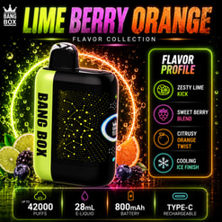 Publicité Bright Bang Box Vape pour la collection de saveurs d'orange et de citron vert avec profil de saveur et panneau de spécifications