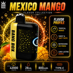 Publicité promotionnelle Bang Box Mexico Mango Vape avec graphiques Mango et détails du profil de saveur