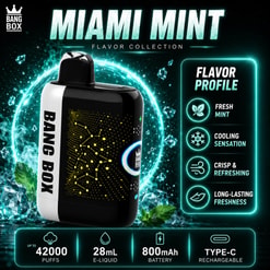 Annonce de la collection Bang Box Miami Mint Flavour montrant un appareil de vape noir avec des graphiques Mint et des icônes de profil de saveur