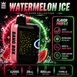 Dispositif de vape à glace à la pastèque Bang Box avec profil de saveur et spécifications sur fond noir néon