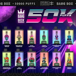 Colorful Bang Box 50K Puffs Vape Ad Showing Multiple Flavored Disposable Devices On A Purple Neon Background