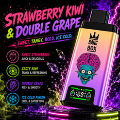 Anuncio colorido para un sabor de vaporizador Bang Box, Strawberry Kiwi y Double Grape, con íconos de frutas de neón y un gráfico de calavera.