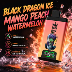 Promotional Vape Ad With Black Dragon Ice Mango Peach Watermelon Flavors And A Bang Box Device Amid Flames And Ice