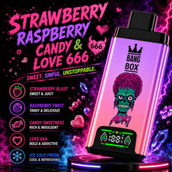 Neon Ad For Bang Box Vape With Strawberry Raspberry Candy Love 666 Flavor And A Pink Skull Graphic On The Device