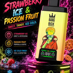 Colorful Ad For Bang Box Vape Labeled Strawberry Ice & Passion Fruit With Neon Fruit Graphics And A Skull Mascot
