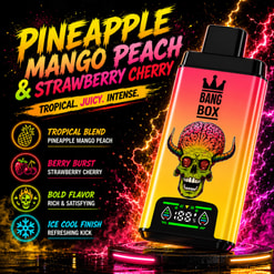 Colorful Ad For A Bang Box Vape With Pineapple Mango Peach And Strawberry Cherry Flavors, Featuring A Skull Logo And Neon Effects