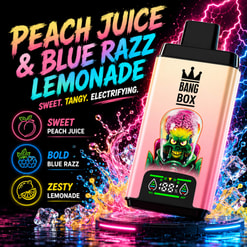 Colorful Bang Box Vape Ad With Peach Juice, Blue Razz, And Lemonade Flavors And A Skull Illustration