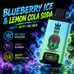 Promotional Graphic For Bang Box Blueberry Ice & Lemon Cola Soda With A Colorful Vape Device And Flavor Icons