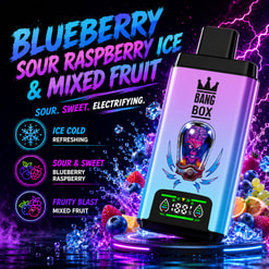 Neon Ad For Bang Box Vape With Blueberry Sour Raspberry Ice And Mixed Fruit Flavors, Showing A Purple Device And Fruit Icons