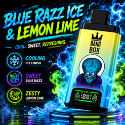 Promotional Graphic For Bang Box Blue Razz Ice & Lemon Lime With Neon Flavors And A Brightly Colored Device Bottle