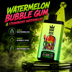 Neon Green Bang Box Vape Device Advertising Watermelon Bubble Gum And Strawberry Watermelon Flavors