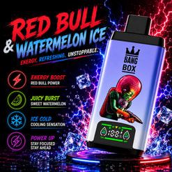 Promotional Graphic For A Bang Box Vape Labeled Red Bull & Watermelon Ice With Neon Energy-Themed Text And Icons