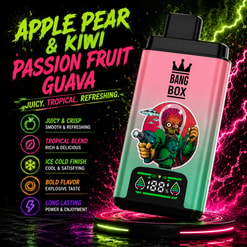Colorful Vape Ad For Bang Box Apple Pear & Kiwi Passion Fruit Guava With Neon Feature List And Illustrated Device