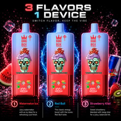 スイカアイス、レッドブル、ストロベリーキウイの3つのフレーバーを備えたBang Box Vapeデバイスの広告