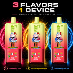 3 つの Bang Box Vape デバイスに 3 つのフレーバーのラベルが付いている 1 つのデバイス、ピンク、黄色、青のグロー効果で表示