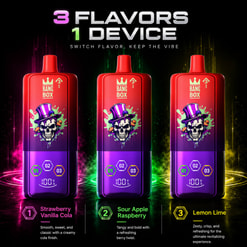 ストロベリー バニラ コーラ、サワー アップル ラズベリー、レモン ライム フレーバーの 3 つの Bang Box Vape デバイスのプロモーション グラフィック