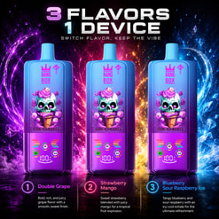 「1 デバイスに 3 つのフレーバー」を備えた 3 つの Bang Box Vape デバイスと、ダブル グレープ、ストロベリー マンゴー、ブルーベリー サワー ラズベリー アイスのフレーバー ラベルを表示するカラフルな広告