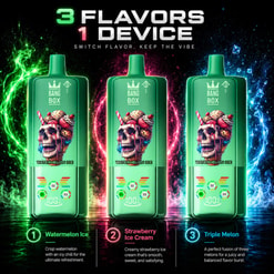 3 つの Green Bang Box Vape デバイスには、スイカ アイス、ストロベリー アイスクリーム、トリプル メロンのラベルが付けられ、ネオン フレーバーのグラフィックとテキスト オーバーレイが表示されます