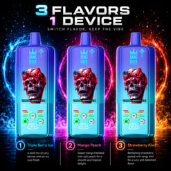 ネオンブルー、ピンク、オレンジの効果を持つ 3 つの Bang Box Vape デバイス、3 つのフレーバーのラベルが付いている 1 つのデバイス