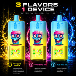 パイナップル ココナッツ、ストロベリー アイス、ブルー ラズ アイスのフレーバーの 3 つの Bang Box Vape デバイスを示すプロモーション グラフィック