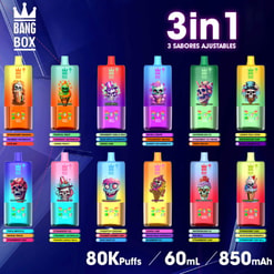 複数のデバイスのフレーバーと 80,000 パフ、60 ml、850 Mah の仕様を示すカラフルな Bang Box 3-in-1 Vape 広告