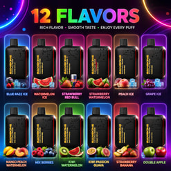 Colorful Ad Showing 12 Vape Flavors With Neon-Framed Devices And Fruit Icons, Labeled By Flavor Names