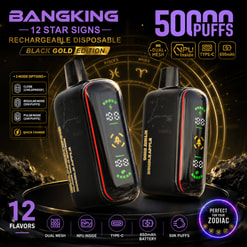 Promotional Graphic For Bang King - 12 Star Signs 50K Rechargeable Disposable Vape, Black Gold Edition, Showing Two Black Devices And Feature Icons