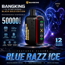 Promotional Poster For Bangking Aries Vape, Black-Gold Edition, Blue Razz Ice Flavor, With Features And Glowing Zodiac Artwork